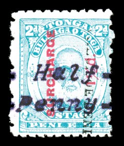 S.G. 36A, 1896 Half-Penny. surcharge on 1½p on 2p Light blue, Tongan surcharge reading down, fresh color, full o.g. that is slightly disturbed, fine the key stamp to the
country photocopy of a 1957 RPS certificate for a block of four, this b
