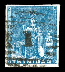 S.G. 13, 1852 (1p) Blue, fine impression on yellowish paper, used, full to mainly large margins all around, rich luxuriant color and a highly detailed impression on unusually
bright paper, 1 in oval grid cancel, small thin speck, otherwise a v
