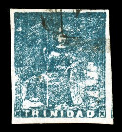 S.G. 17, 1858, (1p) Very deep greenish blue, fourth issue, select quality used single, four large margins, dark color, light cancel, extremely fine (Scott 12a
$800.00).