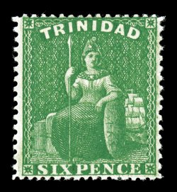 S.G. 49, 1860 6p Bright yellow green, clean-cut perf. 14-16½, wonderfully fresh, with brilliantly rich color and a sharp impression, well centered, full o.g., lightly hinged,
very fine (Scott 31 $475.00).