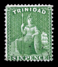 S.G. 79, 1880 6p Yellow green, perforated 14 x 12½, a lovely used example of this important British West Indies rarity which only exists used, being one of the most lightly
cancelled and attractive copies available, fresh rich color, while c