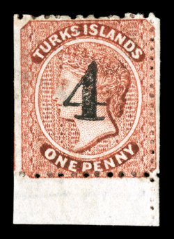 S.G. 48, 1881 4 on 1p Dull red, setting 2-6, surcharge type 28, handsome bottom sheet-margin single, strong bright color, straight-edge at left, full original gum, fine (Scott
36 $950.00).