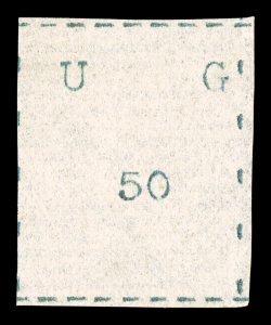 S.G. 8, 1895 50(c) Black, wide letters, wide margins, without gum as issued, an uncommonly select example, showing borders on all four sides which is most uncharacteristic,
quite fresh, very fine 1990 Brandon certificate (Scott 5 $1,550.00).