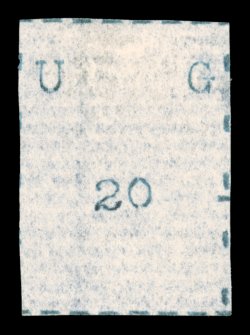 S.G. 20, 20(c) Black, wide letters, narrow stamp, without gum as issued, full borders on three sides, partial border at left, fresh paper, very fine signed H. Bloch ex-Dr.
Scott (Scott 20 $1,500.00).
