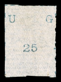 S.G. 21, 1895 25(c) Black, wide letters, narrow stamp, without gum as issued, partial borders on all four sides, fresh, trivial crease at bottom right, very fine clear 1990
Brandon certificate (Scott 21 $1,100.00).