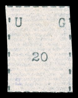 S.G. 29, 1895 20(c) Black, narrow letters, narrow stamp, without gum as issued, full borders on three sides and nearly full border at bottom, faint diagonal crease at bottom
left, violet handstamp on back barely shows through at bottom left, ver