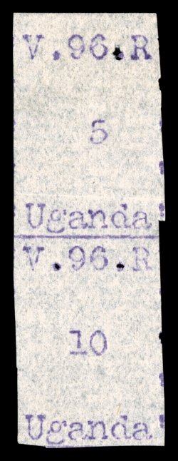 S.G. 44, 45, 1896 5(c) and 10(c) Violet, se-tenant pair, without gum as issued, vertical pair with full frame line at right and small part of frame lines at left and bottom,
strong color, in fact the periods are so strongly impressed that they c