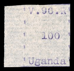 S.G. 53, 1896 100(c) Violet, without gum as issued, left sheet-margin single, the other three margins with nearly full frame lines all around, strong typewritten impression,
very fine a particularly select quality example of this rare stamp 20