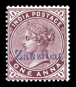S.G. 2, 1895 1a Plum, with Zanzibar overprint in blue, an exceedingly fresh mint example of this rare and difficult stamp, with intensely rich color and a sharp detailed
impression, o.g., lightly hinged, fine signed Bernichon, Senf and H. Blo
