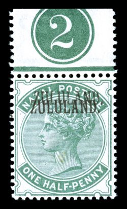 S.G. 12a, 1888 ½p Dull green, overprinted ZULULAND., double overprint, an eye-catching mint example, being a top sheet margin plate no. 2 single, well centered and remarkably
fresh, o.g., lightly hinged, very fine an especially desirable co