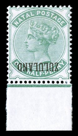 S.G. 12b, 1888 ½p Dull green with ZULULAND. overprint, inverted overprint, handsome bottom sheet-margin single, fresh color, nicely centered, o.g., lightly hinged, very fine a
rarely offered error 2006 Brandon certificate ex-Dale-Lichtens