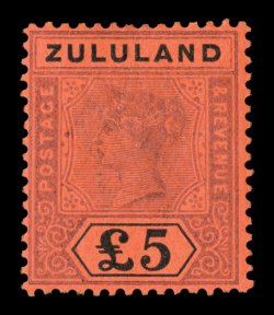 S.G. 29, 1894 £5 Purple and black on red, nicely centered, attractive colors with just a tiny bit of surface rubbing (much less than usually found on this), overall a fine
example of this rare high value signed Holcombe and accompanied by a cle