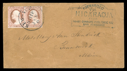 ForwardedViaNicaraguaFromNoisy Carriers Publishing HallSan Francisco, particularly well struck blue boxed handstamp on buff cover to Brunswick, Maine, entered the mails with
horizontal pair 3c Dull red, Ty. I (11) tied by New-YorkShipJan
