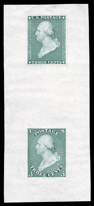 11-E7, Draper, Welsh & Co. 3c Green essay se-tenant vertical pair of Types E7 and E8 on India, 41x93mm, very fresh, usual natural India paper irregularities, very fine and
scarce.