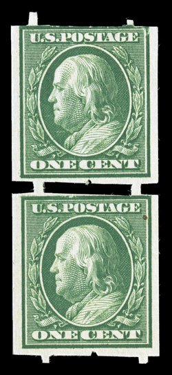 343, 1c Green imperforate, Attleboro perforations, a very attractive and rather elusive pair, particularly fresh, with strong and intact perforations, nicely centered for
this, o.g., l.h., bottom stamp n.h. and with a small inclusion, very fine