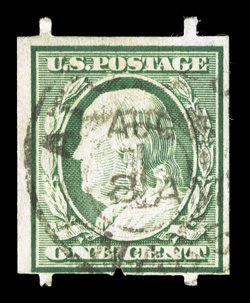 343, 1c Green imperforate, Attleboro perforations, an unusual used single, being one of the very few we have encountered showing all four perforations, bright color, Attleboro
duplex postmark, very fine for this.
