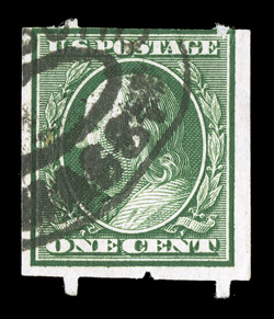 343, 1c Green imperforate, Attleboro perforations, used single, long perforations at bottom, top right perf. slightly pulled causing tiny facial thin, double oval Attleboro
postmark, fine and scarce ex-Agris.