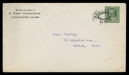 343, 1c Green imperforate, Attleboro perforations, perfs. show at top and bottom, typical centering for this, tied by mostly clear double oval AttleboroMass. postmark to cover
to Lorain, Ohio, with F. Percy Collingwood corner card (he was the