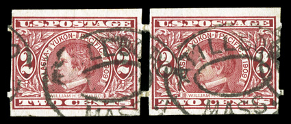371, 2c Alaska-Yukon imperforate, Attleboro perforations, an exceedingly rare used pair, with clear double oval Attleboro, Mass. postmarks, attractively centered, rich color,
right stamp with a thinned spot and the pair expertly rejoined, othe
