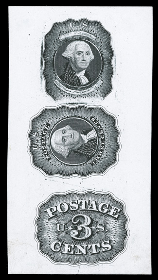 11-E16e, Bald, Cousland & Co. 3c Black triple die essay on ivory glazed paper, 42x78mm, bright and fresh, a couple trivial mounting thins, otherwise very
fine.