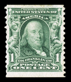 314, 1c Blue green imperforate, Covel Manufacturing Co. perforations, a very rare mint single, nicely centered, o.g., l.h., thinned spot, small tear and a bit soiled at top,
very fine appearance this Rosback private perforation was made for use