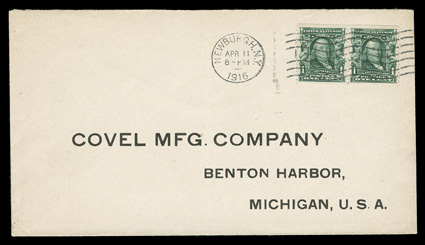 314, 1c Blue green imperforate, A.W. Filstrup private perforations, horizontal pair with vertical Filstrup perforations produced by Rosback, tied by Newburgh, N.Y.Apr 11, 1916
wavy line machine cancel to cover with preprinted Covel Manufactur