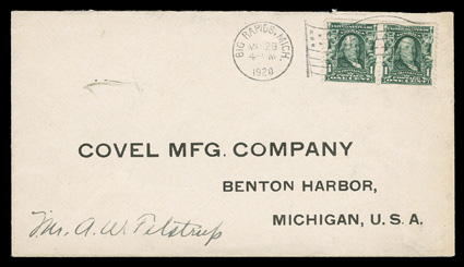 314, 1c Blue green imperforate, A.W. Filstrup private perforations, pair with choice centering, vertical Filstrup perforations produced by Rosback, tied by Big Rapids,
Mich.May 29, 1920 waving flag machine cancel to cover with Covel Manufactu