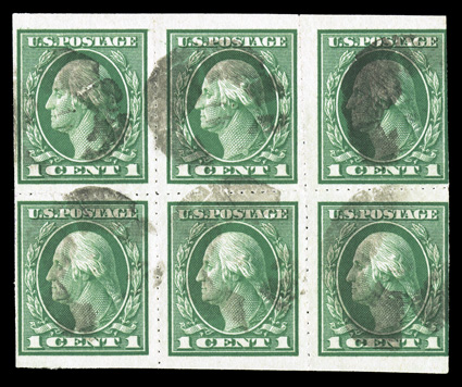 481, 1c Green imperforate, Wilson roulettes, a most unusual used block of six (3x2) of this scarce private roulette, with this block  reported to be the largest known
multiple, nicely centered, cork cancels, fine-very fine the origin of thi
