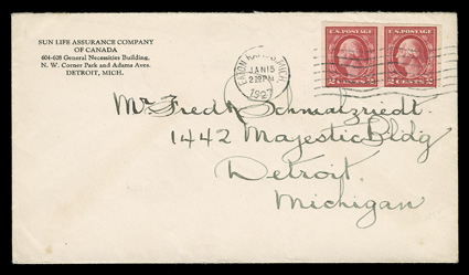 482, 2c Carmine imperforate, Wilson roulettes, fine horizontal pair with rich color, tied by Eaton Rapids, Mich.Jan 15, 1927 wavy line machine cancel to cover to Detroit with
Sun Life Assurance Company of Canada printed corner card, very fine