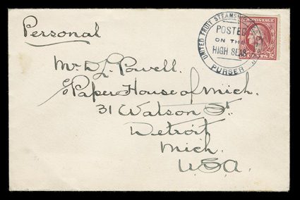532, 2c Carmine imperforate, Ty. IV, Wilson roulettes, single tied by United Fruit SteamshipZacapaPurserPostedon theHigh Seas handstamp to cover to Detroit, Mich., United
Fruit Company imprint on back flap and with part of the original