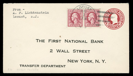 532, 2c Carmine imperforate, Ty. IV, Wilson roulettes, choice horizontal pair tied by Locust, N.J..Aug 1 datestamp to 2c Carmine entire to New York City, extremely fine and
rare triple rate usage.