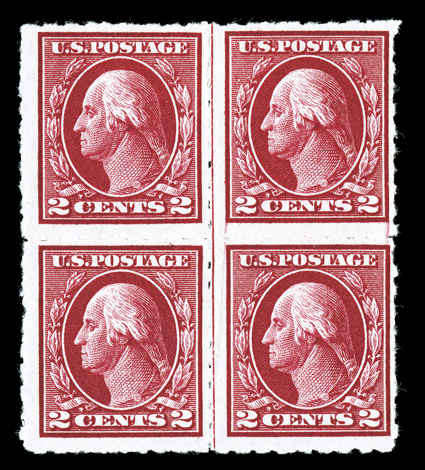 408-09, 1c Green and 2c Carmine, Ty. I, imperforates, privately rouletted, matched set of blocks of four with vertical guide line at center, nicely centered and fresh, o.g.,
h.r., very fine and scarce each with 2001 PF certificate.