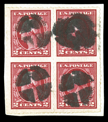 409, 2c Carmine imperforate, privately rouletted, block of four on piece, comprised of two vertical pairs unrouletted between, excellent centering, intense color, bold
quartered cork cancels, very fine and rare 1990 PF certificate.