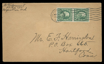 481, 1c Green imperforate, private roulettes, vertical pair unrouletted between, tied by Hagerstown, Md.Mar. 24, 1921 wavy line machine cancel to buff cover to Hartford, Ct.,
very fine and unusual usage this roulette of unknown origin is qui