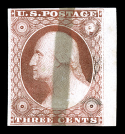 11P3, 3c Red, plate proof on India with brush obliteration, right sheet-margin single, other three margins ample to large, bright fresh color, faint horizontal crease at
bottom, otherwise a very fine example of this scarce proof.
