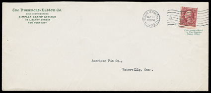 344, 2c Carmine imperforate coil, affixed to legal sized cover to Waterville, Conn. by The Simplex Stamp Affixer and tied by Hudson Term. Sta. N.Y.Sep 11, 1909 wavy line
machine cancel, The Drummund-Ludlow Co. corner card which states tha