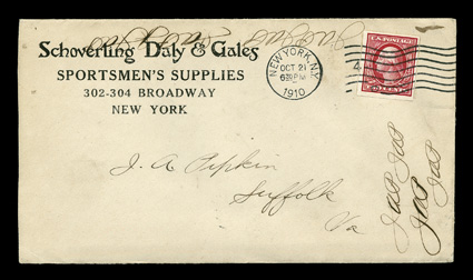 384V, 2c Carmine imperforate coil, vertical format, attractive single being well centered with large margins, October 21, 1910 earliest documented usage, stamp applied by
Simplex affixing machine and tied to Schoverling Daly and Gales Sports