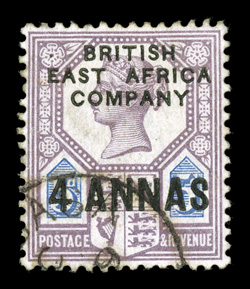 3, 1890 4 ANNAS surcharge on 5d Dull purple and blue, well centered used example, partial Mombasa c.d.s., very fine (S.G. 3 £375).