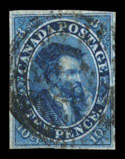 7, 1855 10p Blue on thin paper, used, mostly ample margins to close but clear at bottom, rich color on fresh paper, nearly very fine signed Bloch (Unitrade
C$1,250.00).