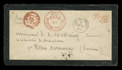 S.G. CC3, PaidatPort-au-Prince Crowned-circle red handstamp, a clear full strike of this large type 1b marking in red on 1880 mourning cover to France with Port-au-PrinceOC 9
80 British Agency c.d.s. at right, rated 11 12 in red crayo