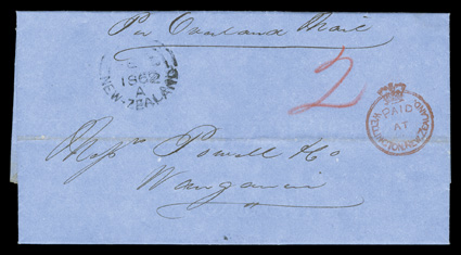 S.G. CC8, PaidatWellington.New.Zealand Crowned-circle red handstamp, a wonderfully well struck example of this frank on domestic entire folded letter to Wanganui, marked Per
Overland Mail at top, WellingtonNew-ZealandFE 3 1862 rimless