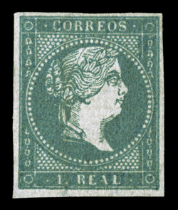 38, 1855 1r Green blue, blue paper, unused (no gum), attractive single with ample to large margins all around, luxuriant color on fresh paper, very fine (Edifil 41
Ç1,425).