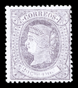 87, 1866 20c Dull lilac, quite fresh, o.g., h.r., fine and scarce (Edifil 86 Ç1,325).