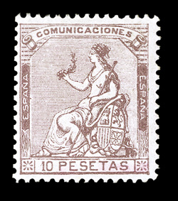 200, 1873 10P Violet brown, scarce mint example of this high value, rich color on fresh paper, o.g., reperforated at left, fine appearance signed Kosack and Schlessinger and
accompanied by 1998 CEM certificate (Edifil 140 Ç2,750).