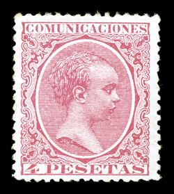 269, 1889 4P Carmine rose, a wonderfully fresh mint single, particularly well centered for this terribly difficult issue, lovely bright color, pristine o.g., never hinged
choice very fine (Edifil 227 Ç750 for hinged).