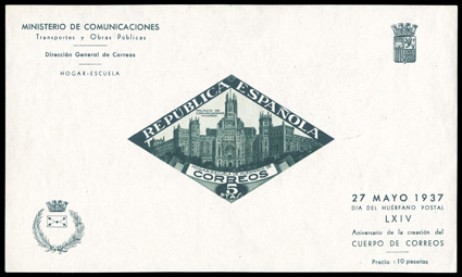 Beneficencia Edifil 17a, 18, 1937 5P Madrid Post Office souvenir sheets cplt., o.g., 5P Sepia l.h. and 5P Green n.h., very fine set.