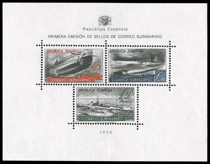 605G, 1938 Submarines souvenir sheet, excellent centering, o.g., l.h., very fine (Edifil 781 Ç625).