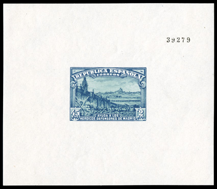 B106c, 1938 45c + 2P Defenders of Madrid souvenir sheet, imperforate, fresh mint example, o.g., tiny h.r.s, extremely fine 2001 Comex certificate (Edifil 758s
Ç775).