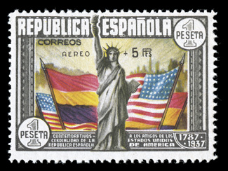 C97, 1938 1P U.S. Constitution surcharged Aereo + 5Pts, post office fresh, o.g., n.h., trivial natural paper inclusion, very fine (Edifil 765 Ç375).