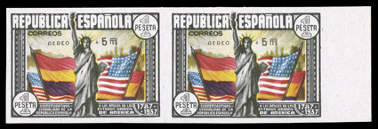 C97a, 1938 1P U.S. Constitution imperforate surcharged Aereo + 5Pts, handsome right sheet-margin horizontal pair, with large even margins on the other three sides, o.g., n.h.,
extremely fine signed twice and accompanied by 2004 Comex certific